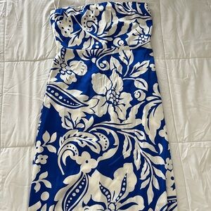 Silk Floral Strapless Blue and White Dress